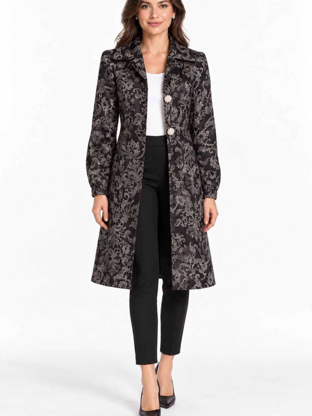 Sisley vintage Italian Black Floral Jacquard Long Coat Pearl buttons medium